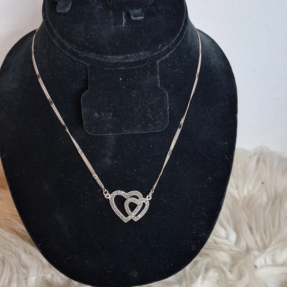 Vintage Sterling And Marcasite Enjoined Hearts Forever Necklace
